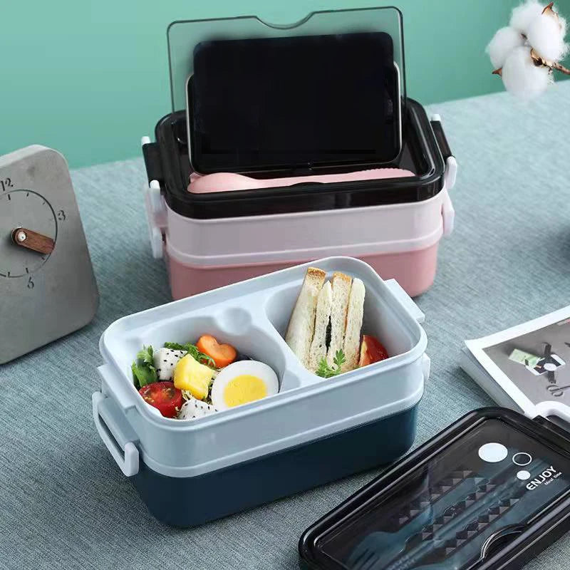 Double-layer Lunch Box With Fork Chopsticks And Spoon 1400ml
