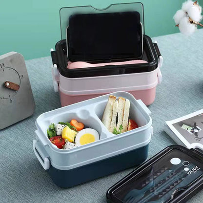 Double-layer Lunch Box With Fork Chopsticks And Spoon 1400ml