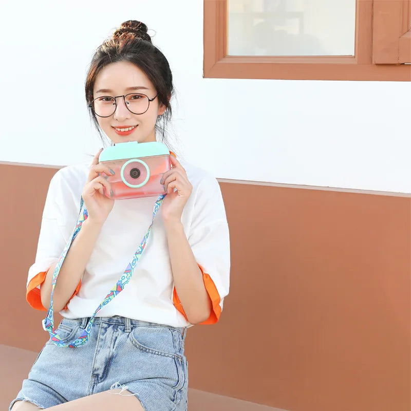Cute Camera Shaped Water Bottle with Straw & Crossbody Strap