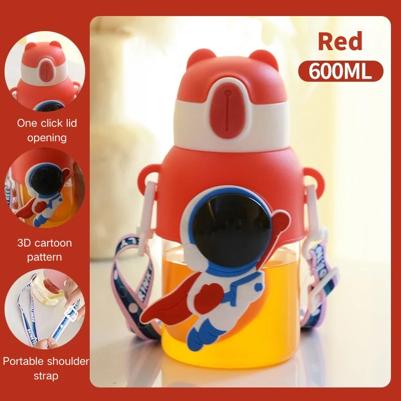 600ML Cute Cartoon Water Bottle with Straw & Removable Strap