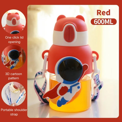 600ML Cute Cartoon Water Bottle with Straw & Removable Strap