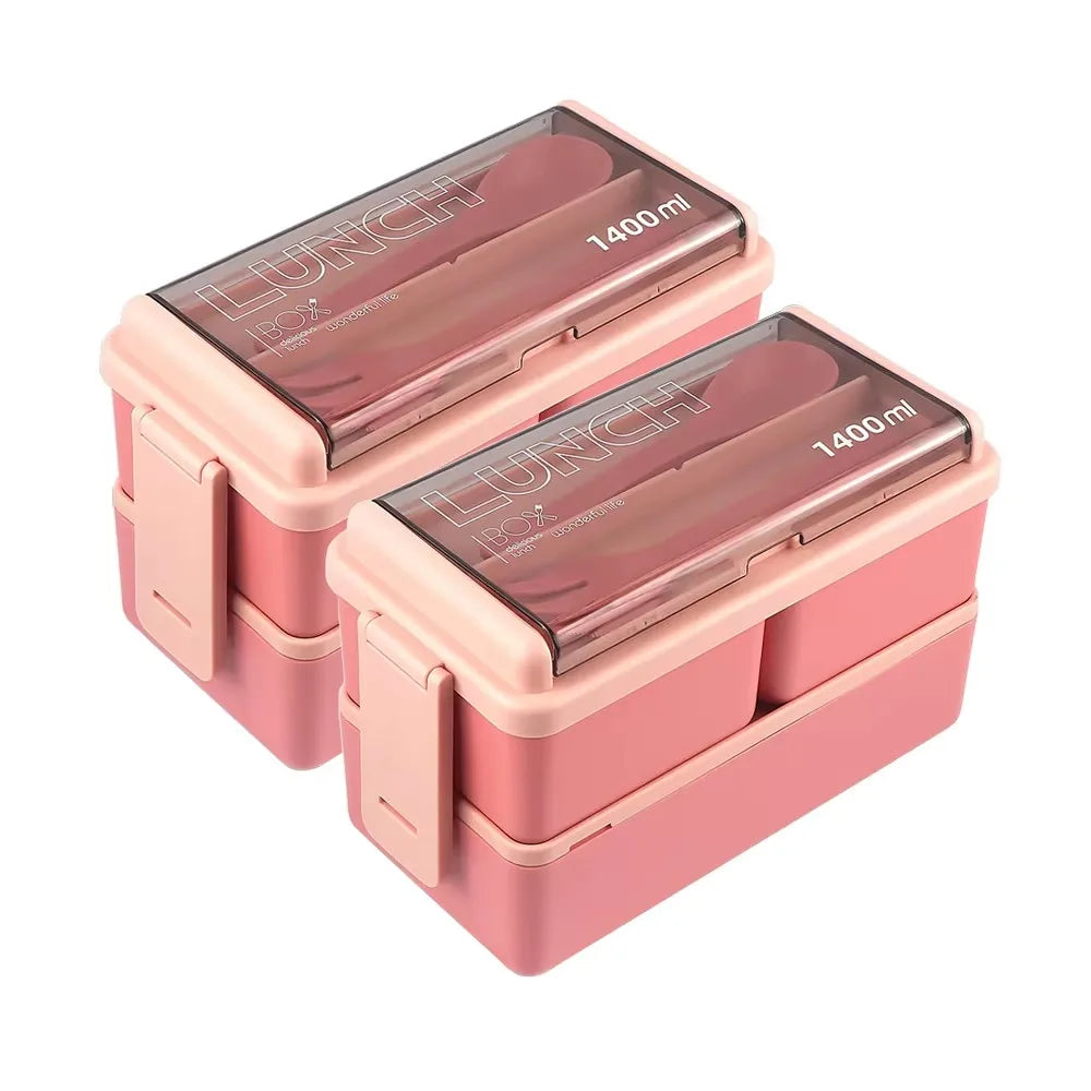 Double Layer Portable Lunch Box With Fork and Spoon