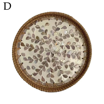 Unique Decorative Round Rattan Serving Tray with Mother-of-Pearl Inlay