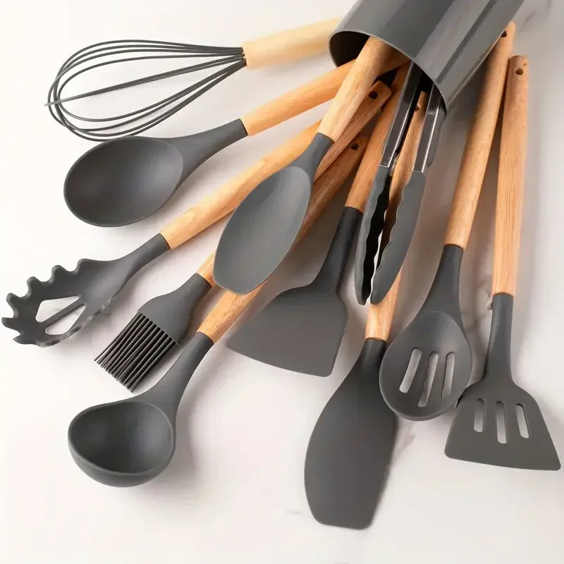 12pcs Set of Silicone Wooden Handle Kitchen Utensils Set Non Stick Pot Spoon