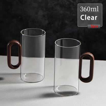 2/4/6PCS Luxury Transparent Black Glass Mug Set with Wooden Handle
