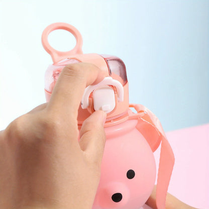 Cute Bear Shape Water Bottle with Straw & Shoulder Strap