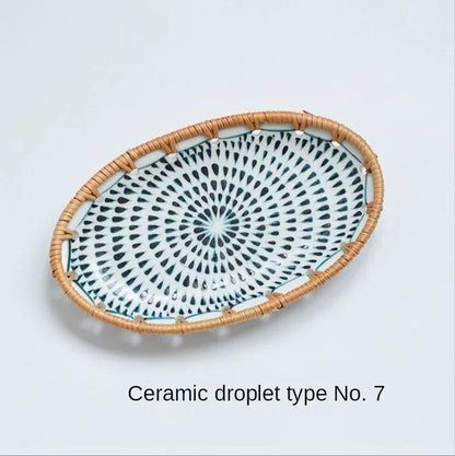 Rattan Woven Rim Ceramic Fruit Plate – Multi-Purpose Snack & Dessert Tray