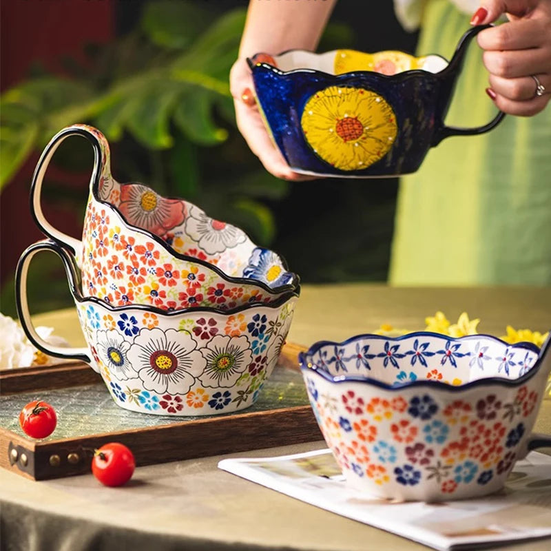 Hand-Painted floral Handle Bowl – 1L Ceramic Multi-Purpose Bowl