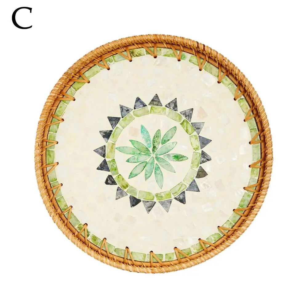 Unique Decorative Round Rattan Serving Tray with Mother-of-Pearl Inlay