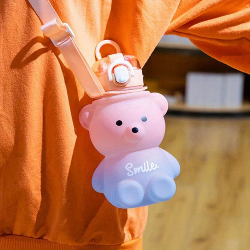 Cute Bear Shape Water Bottle with Straw & Shoulder Strap
