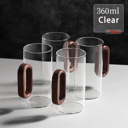 2/4/6PCS Luxury Transparent Black Glass Mug Set with Wooden Handle
