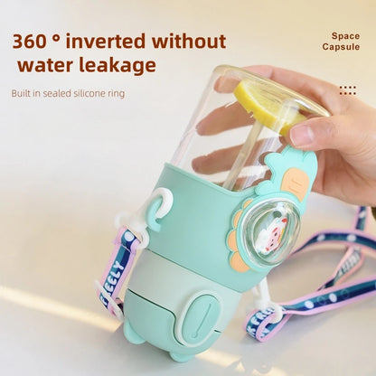 600ML Cute Cartoon Water Bottle with Straw & Removable Strap