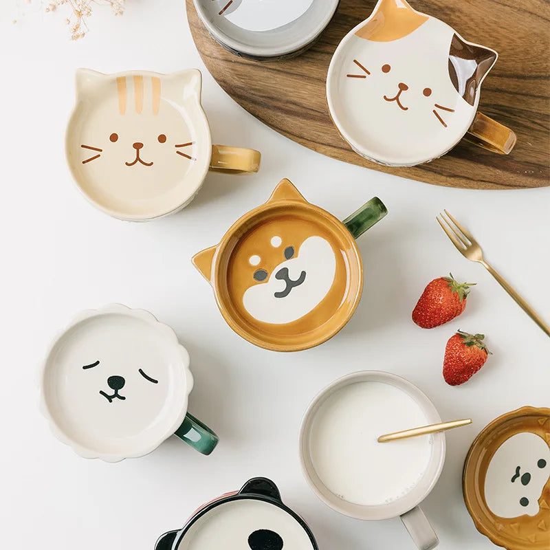 Japanese Cartoon Cat Coffee Cup with Cover – 300ml Ceramic Mug