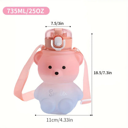 Cute Bear Shape Water Bottle with Straw & Shoulder Strap