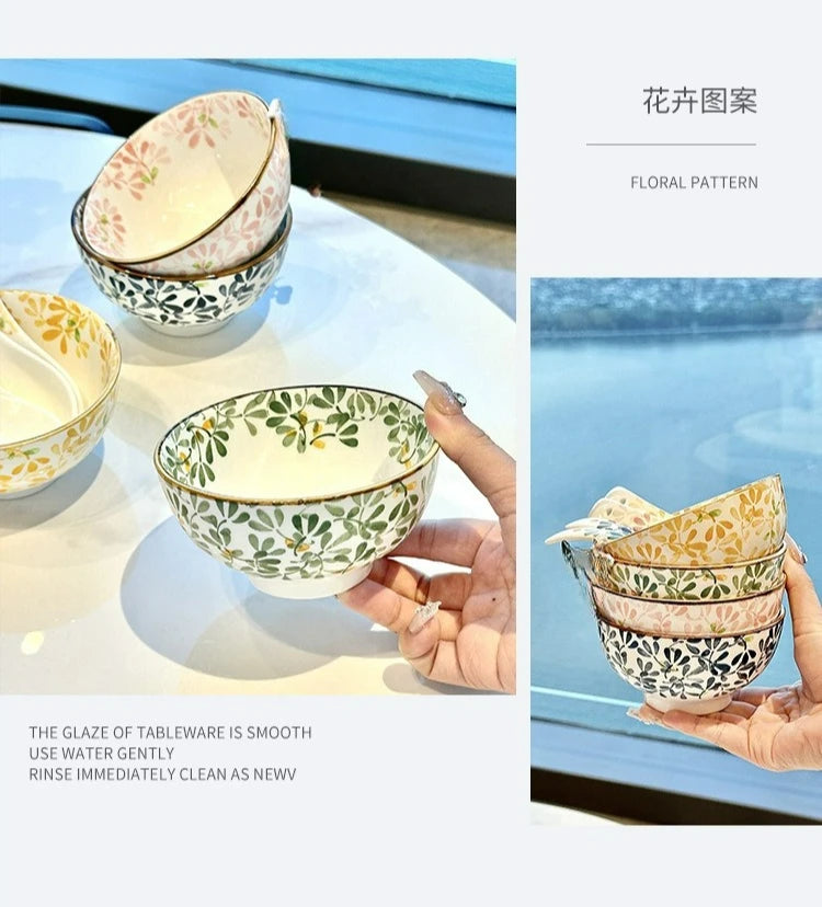 Beautiful vintage floral Hand-Painted Ceramic Bowl with gold rim