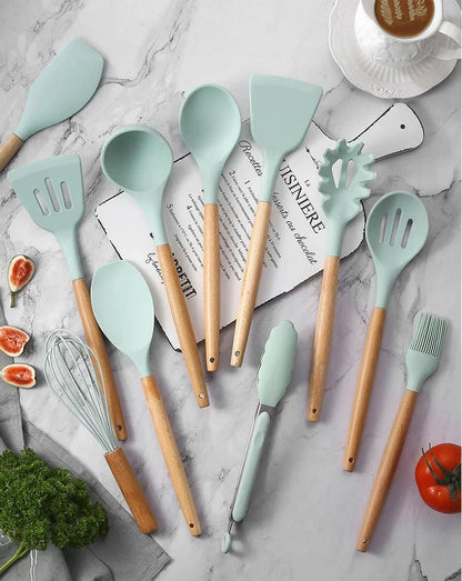 12pcs Set of Silicone Wooden Handle Kitchen Utensils Set Non Stick Pot Spoon
