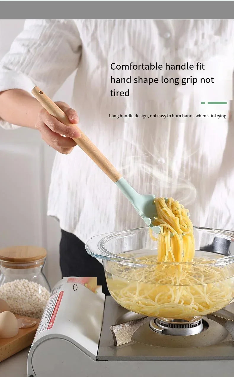 12pcs Set of Silicone Wooden Handle Kitchen Utensils Set Non Stick Pot Spoon