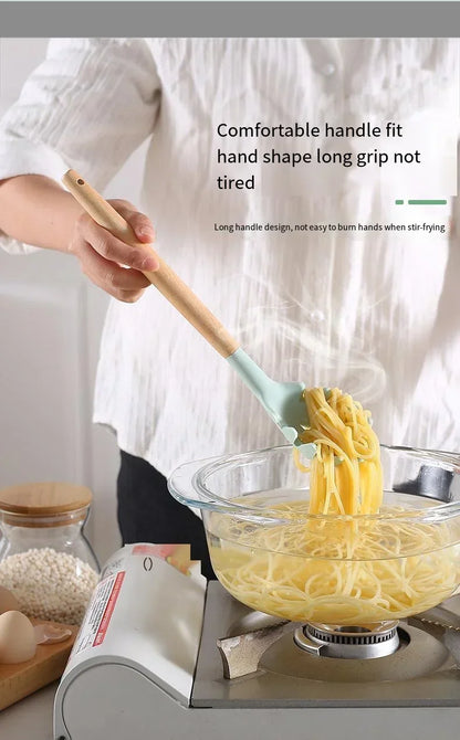 12pcs Set of Silicone Wooden Handle Kitchen Utensils Set Non Stick Pot Spoon