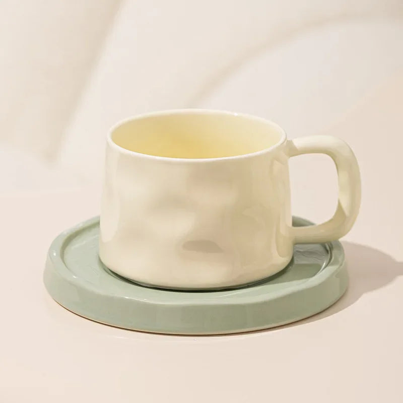 300ML Ceramic Coffee Mug with Saucer Set – Elegant Design in 3 Colors