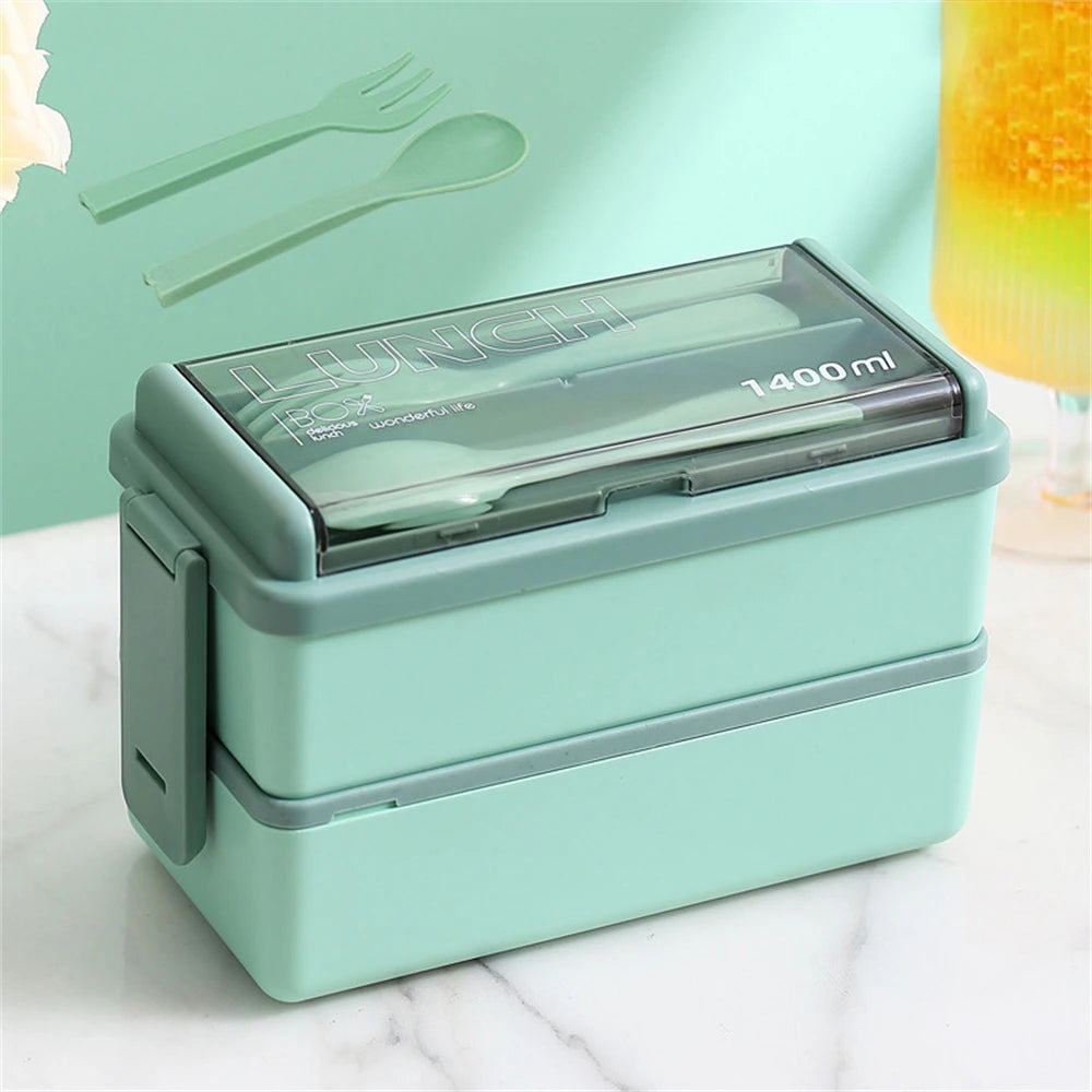 Double Layer Portable Lunch Box With Fork and Spoon