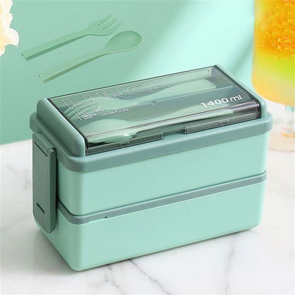 Double Layer Portable Lunch Box With Fork and Spoon