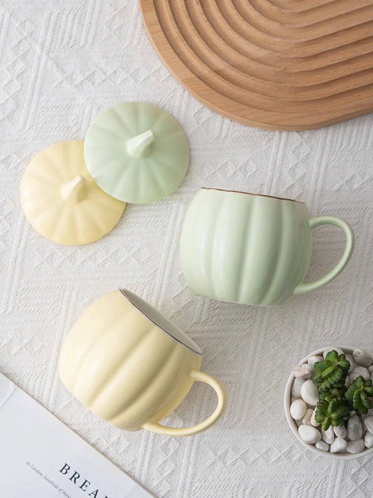 400ml Pumpkin Shape Mug with Lid – Multi-Purpose Pastel Ceramic Cup