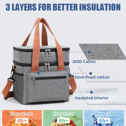 Double Layers Large Capacity Lunch Bag Thermal Insulation Picnic Bag With Shoulder Strap