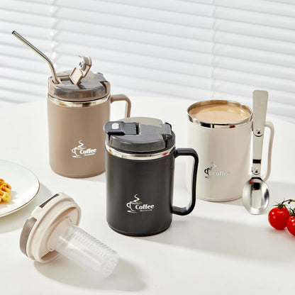 Double-Wall Thermal Coffee Cup With Strainer&Spoon Portable Leak Proof Coffee Mug