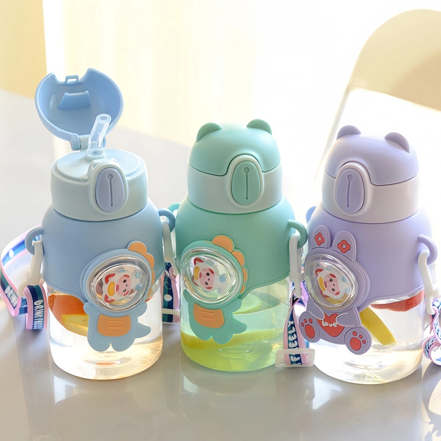 600ML Cute Cartoon Water Bottle with Straw & Removable Strap