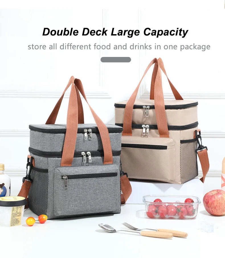 Double Layers Large Capacity Lunch Bag Thermal Insulation Picnic Bag With Shoulder Strap