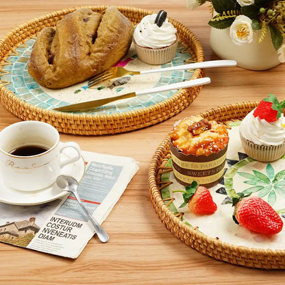 Unique Decorative Round Rattan Serving Tray with Mother-of-Pearl Inlay