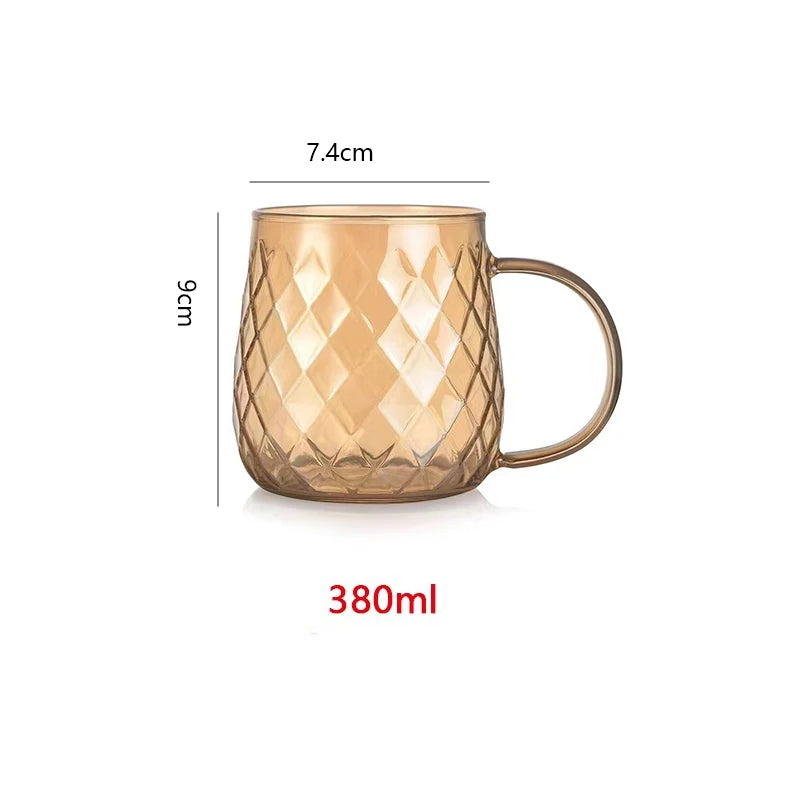 Diamond Textured Glass Cup – 380ml Golden Teacup Mug with Handle