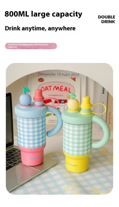 2025 New Extra large 800ML Insulated Thermos Travel Coffee Cup with Built-in Tea Container & Straw