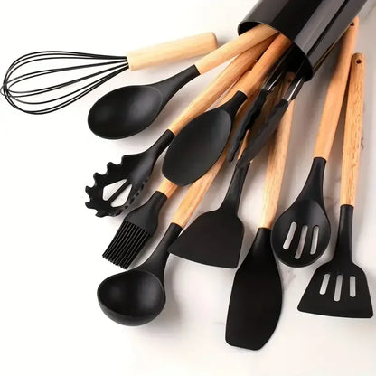 12pcs Set of Silicone Wooden Handle Kitchen Utensils Set Non Stick Pot Spoon