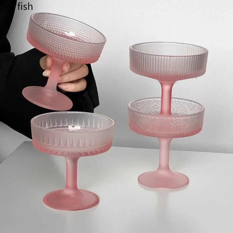 Premium Frosted Relief Glass Cup – Pink Goblet with Tall Feet