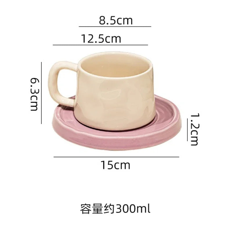 300ML Ceramic Coffee Mug with Saucer Set – Elegant Design in 3 Colors