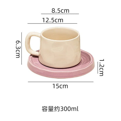 300ML Ceramic Coffee Mug with Saucer Set – Elegant Design in 3 Colors
