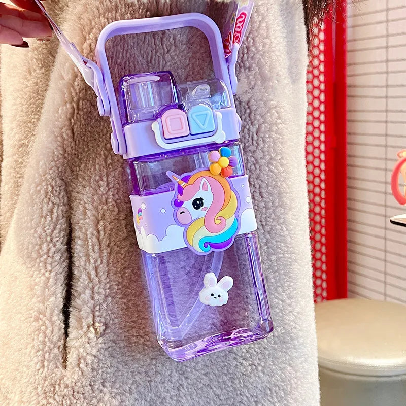 520ml Cute Water Bottle – Rectangular Shape with Strap, 2-Way Sip Style