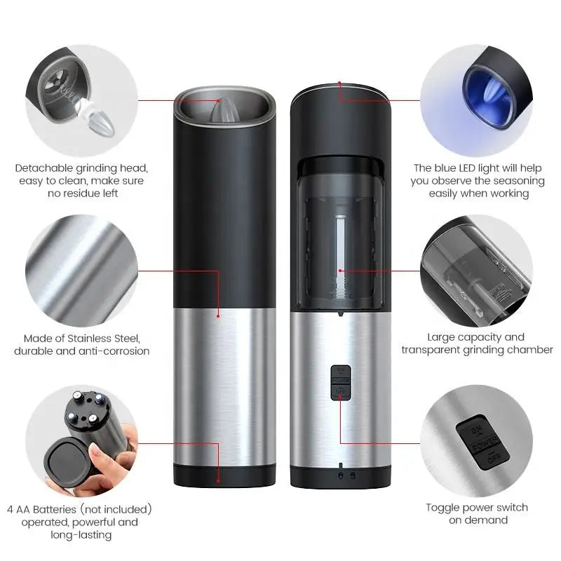 Electric Salt & Pepper Grinder – Gravity Automatic Spice Mill with LED Light