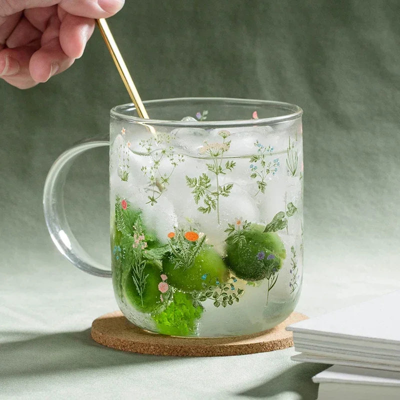 Green Botanical Pattern Borosilicate Glass Cup – 450ml & 500ml Sizes Available