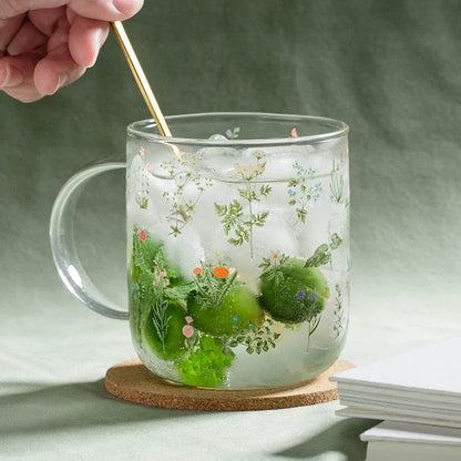 Green Botanical Pattern Borosilicate Glass Cup – 450ml & 500ml Sizes Available