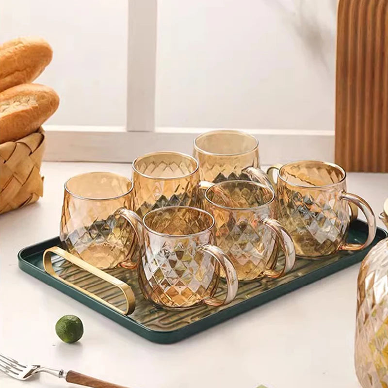 Diamond Textured Glass Cup – 380ml Golden Teacup Mug with Handle