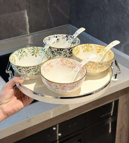 Beautiful vintage floral Hand-Painted Ceramic Bowl with gold rim