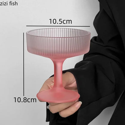 Premium Frosted Relief Glass Cup – Pink Goblet with Tall Feet