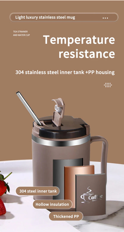 Double-Wall Thermal Coffee Cup With Strainer&Spoon Portable Leak Proof Coffee Mug