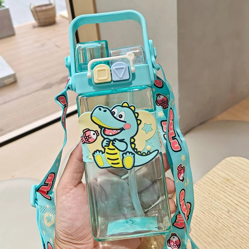 520ml Cute Water Bottle – Rectangular Shape with Strap, 2-Way Sip Style