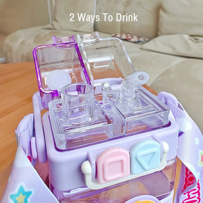 520ml Cute Water Bottle – Rectangular Shape with Strap, 2-Way Sip Style