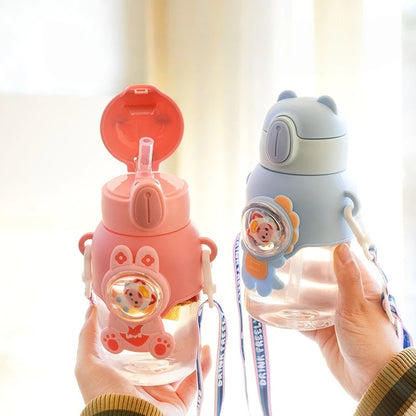 600ML Cute Cartoon Water Bottle with Straw & Removable Strap