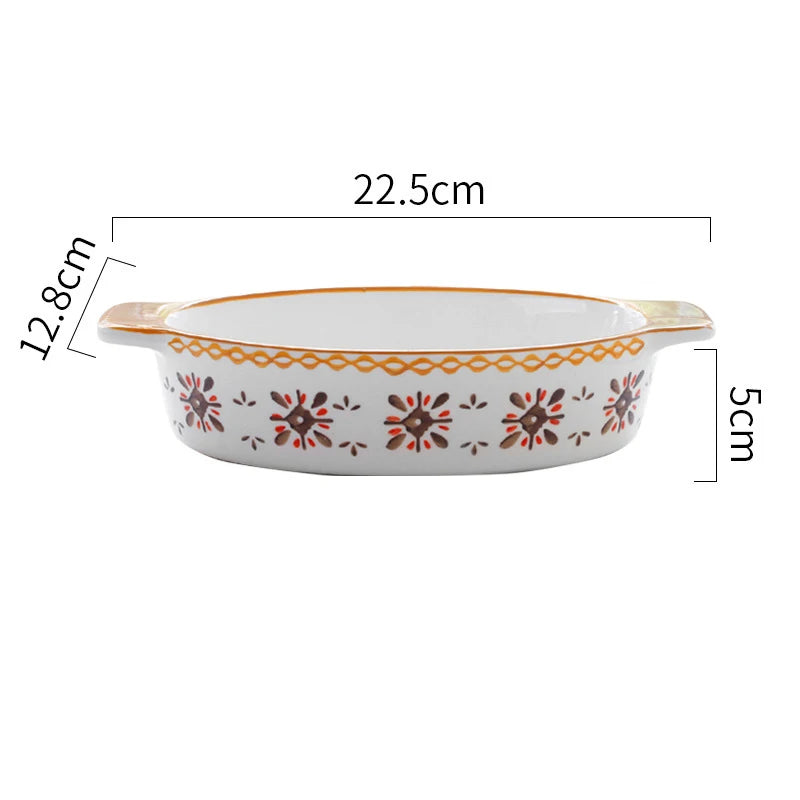 Flowers Rectangular Oval Ceramic Bakeware Pan with Handle – Multi-Size Baking Dish