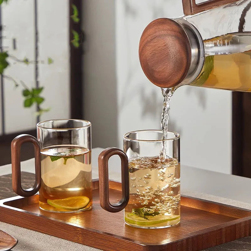 2/4/6PCS Luxury Transparent Black Glass Mug Set with Wooden Handle